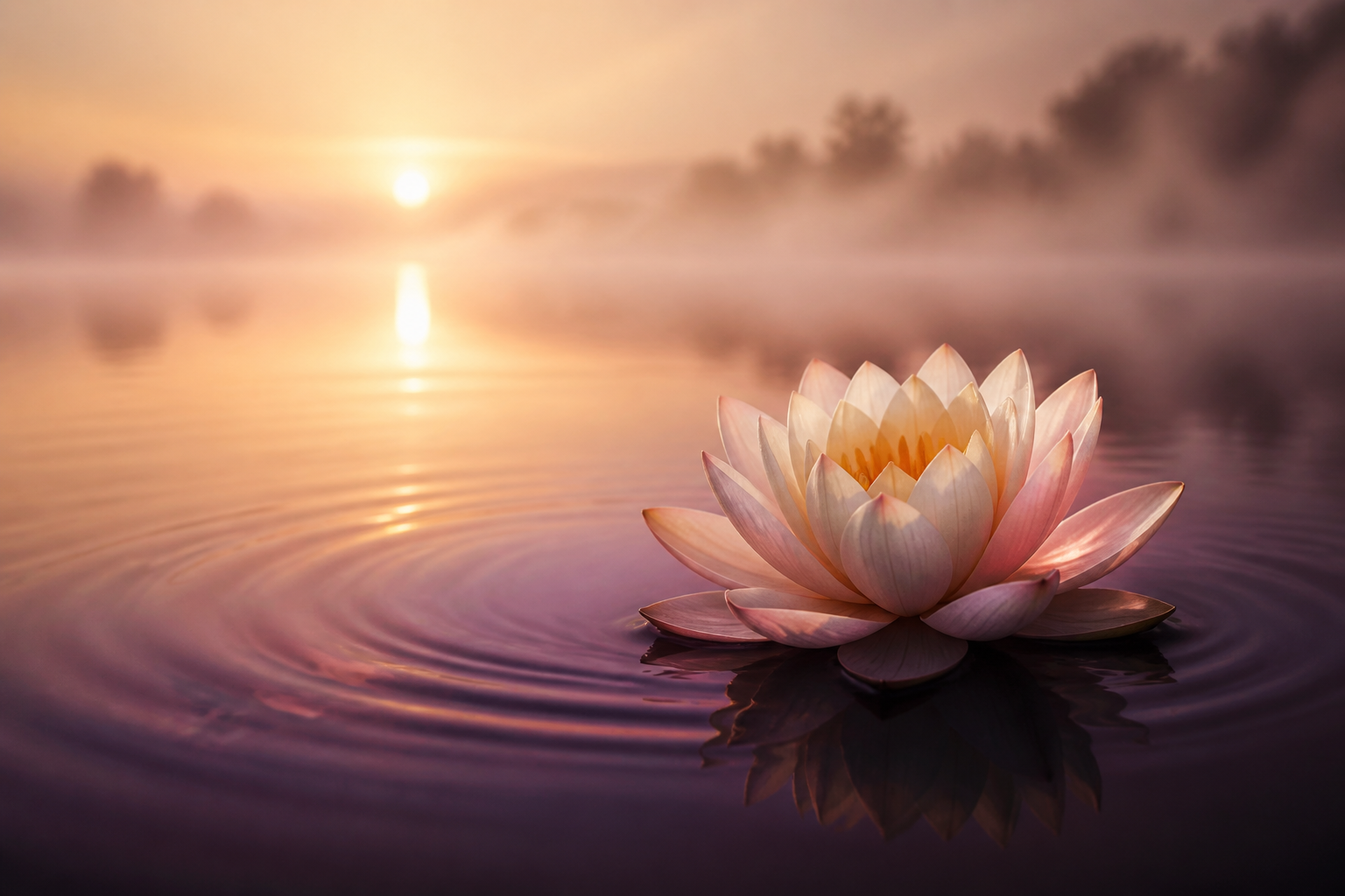 Luminous lotus floating on quiet plum water at dawn